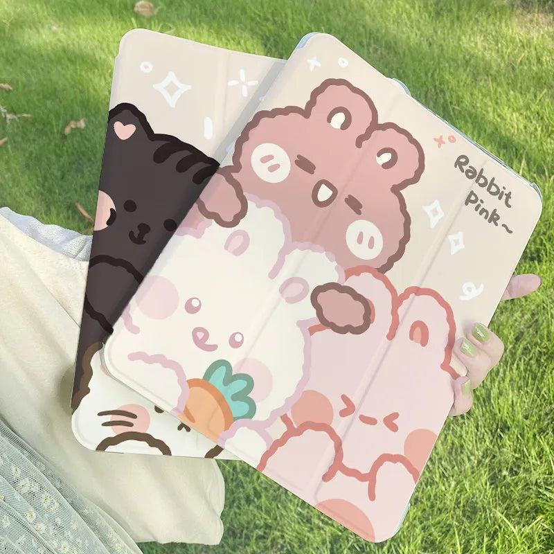 A flat, tri-fold silicone iPad protective case featuring a cartoon rabbit design.