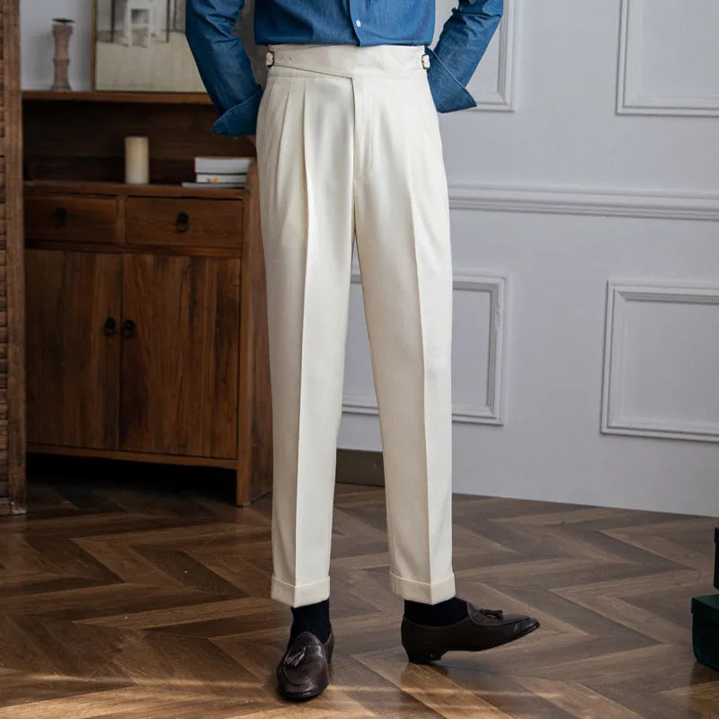 Men's high waist straight leg casual trousers in polyester available in black, white, khaki, and brown colours