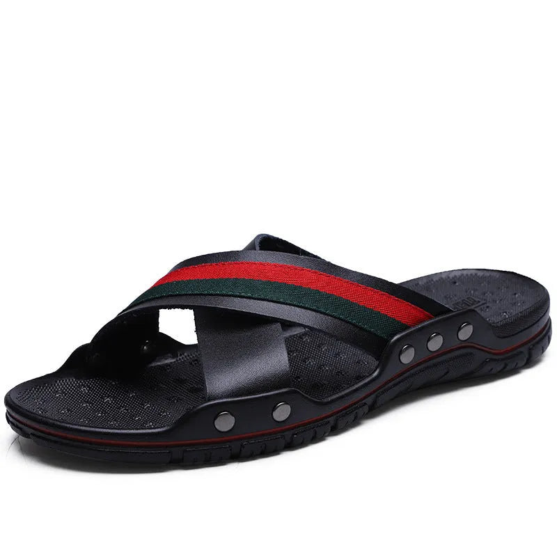 Men's cowhide leather flip-flops with PU sole in black, blue, or white colours.