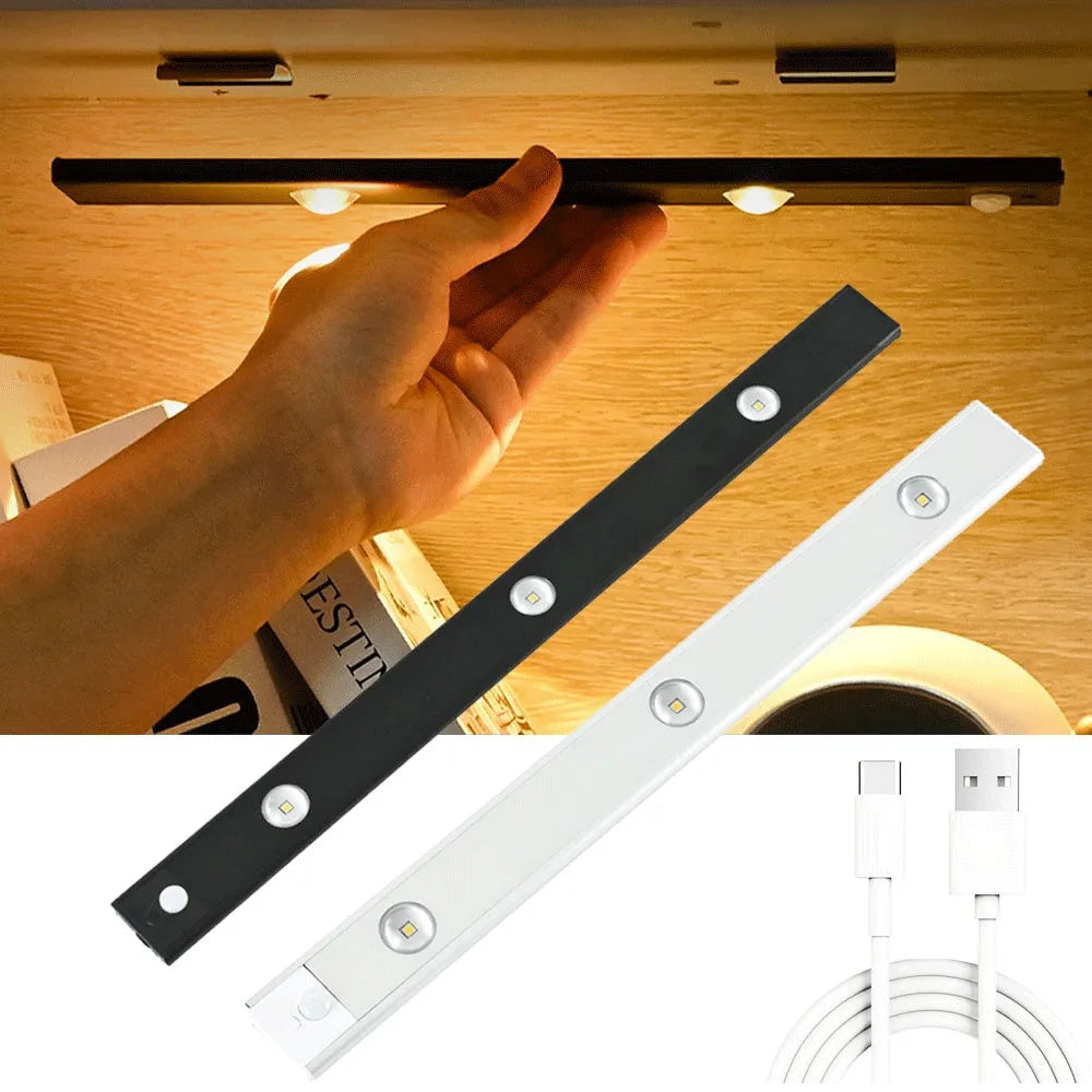 Thin silver aluminium USB rechargeable LED light strip with motion sensor for cabinet mounting