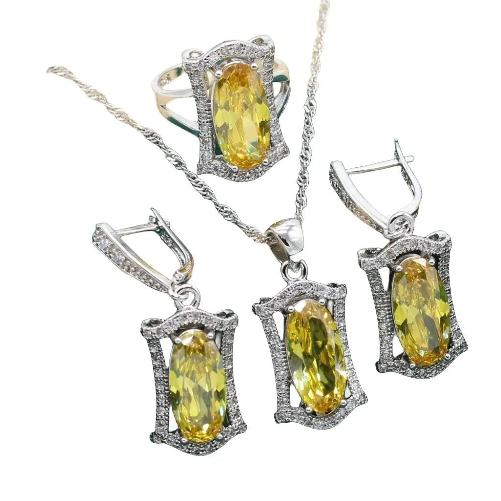 Anti-allergy zircon jewellery set with necklace, earrings, ring and bracelet in yellow or olive colours