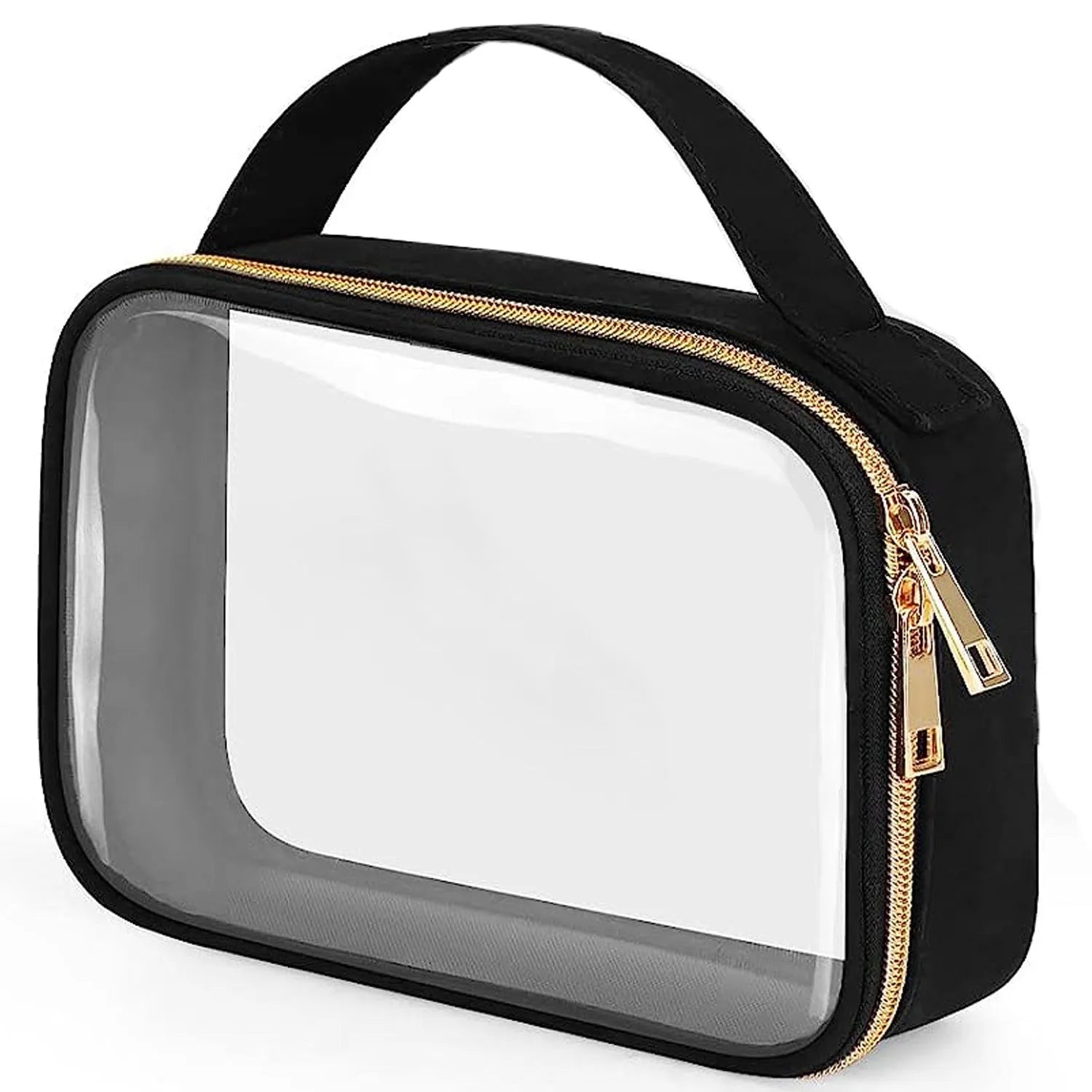 Transparent PVC cosmetic organiser bag with chain in multiple colours including leopard print for lipstick and brush storage.