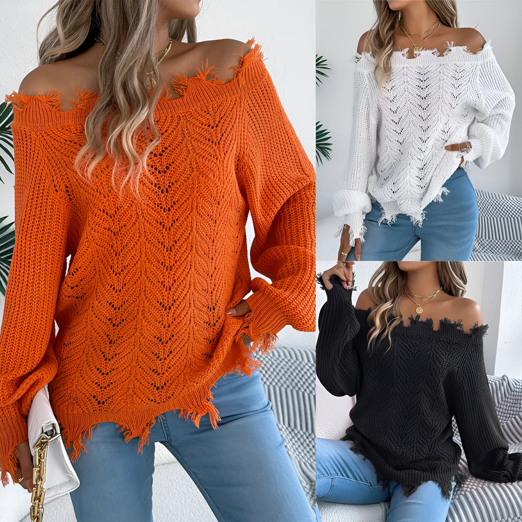 White women's hollow-out knit sweater with an off-the-shoulder neckline and long sleeves.