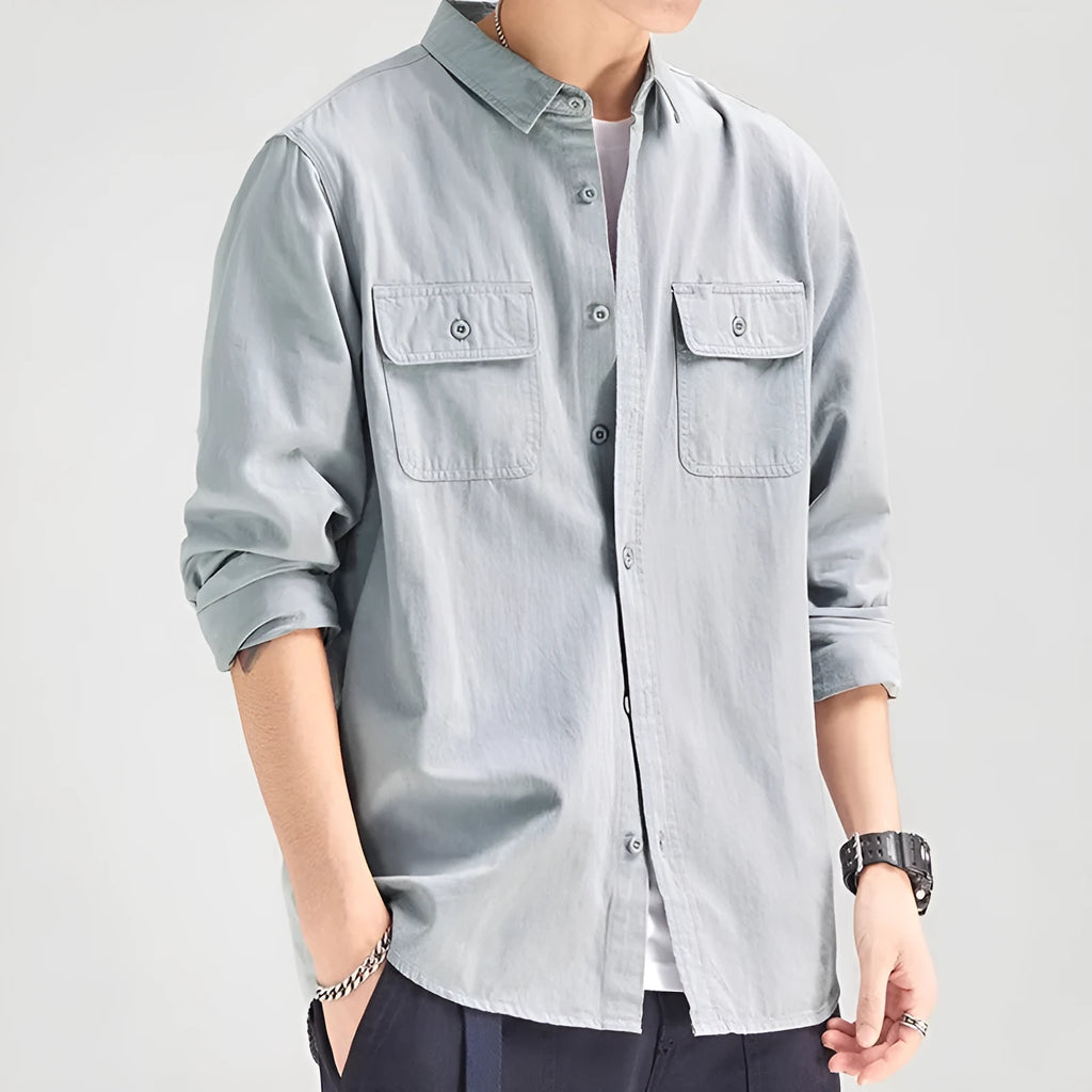 Men's loose cardigan-style long sleeve shirt in light grey, black, khaki or green colours