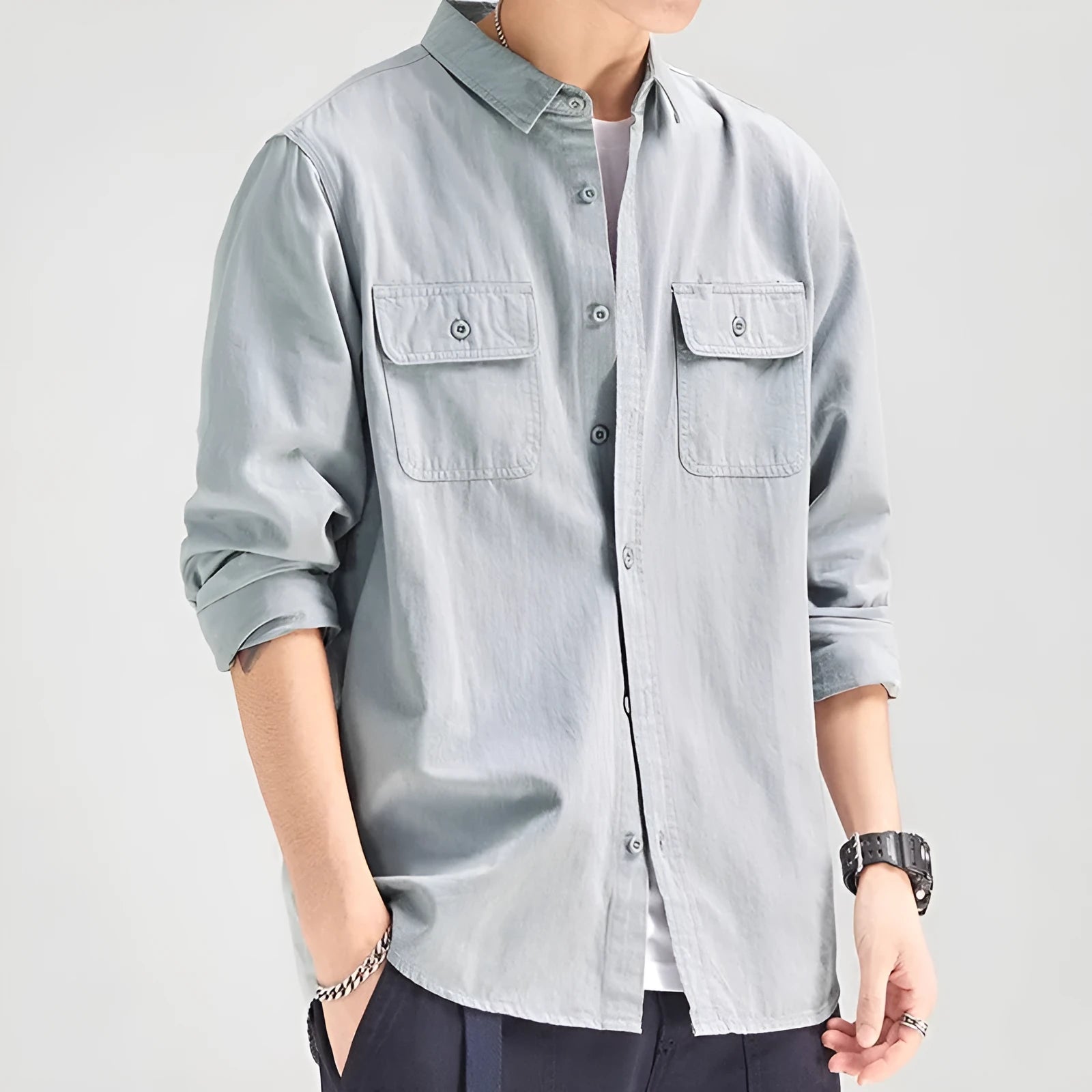Men's loose cardigan-style long sleeve shirt in light grey, black, khaki or green colours