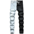 Men's two-colour stretch jeans in light blue and black denim, tight-fitting European style, sizes 30-40
