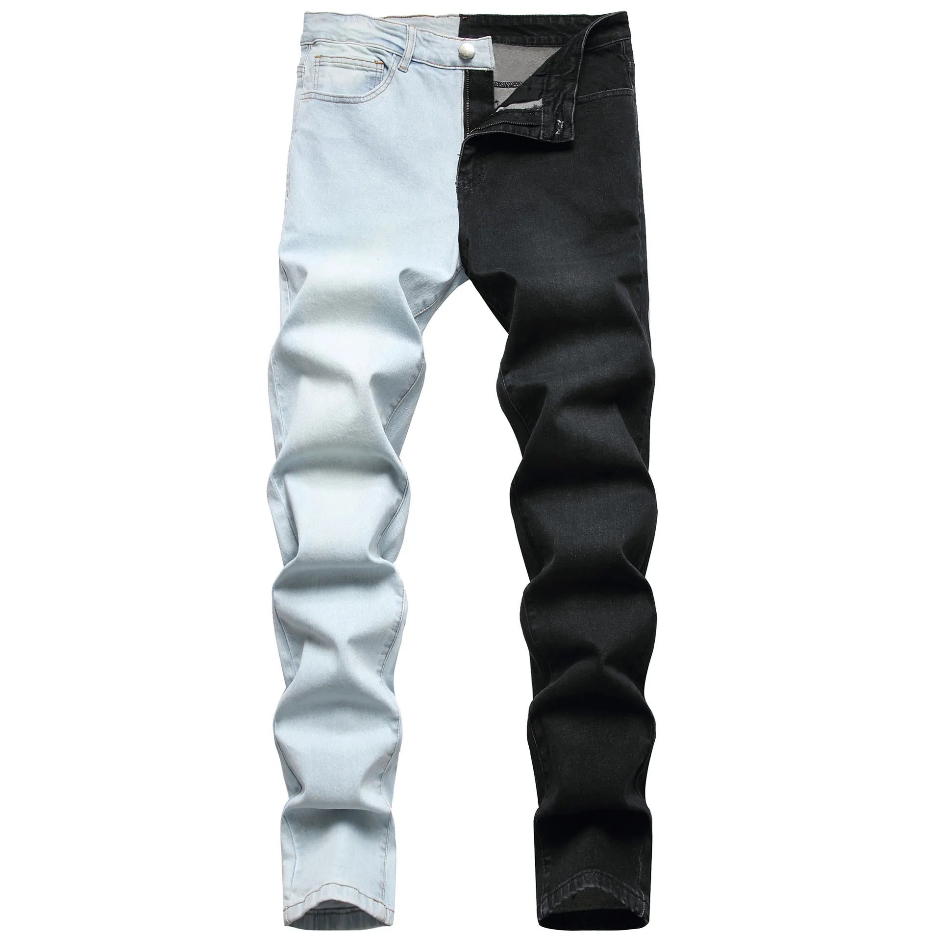 Men's two-colour stretch jeans in light blue and black denim, tight-fitting European style, sizes 30-40