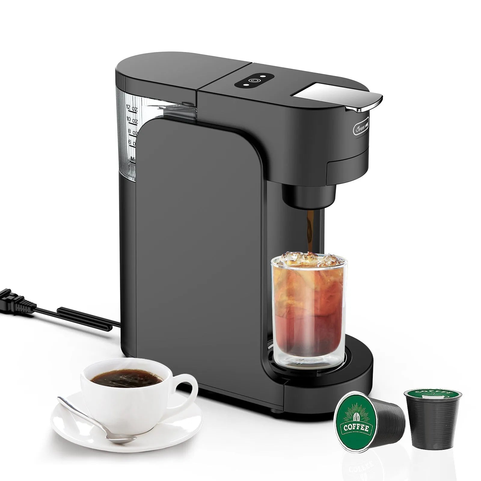 Black and white compact capsule coffee machine with adjustable stainless steel drip tray and transparent water tank.
