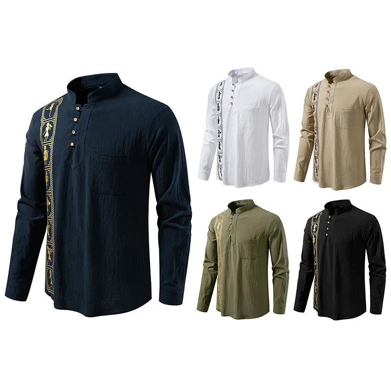 Men's solid colour cotton linen style slim fit pullover shirt in khaki, European sizes S-2XL