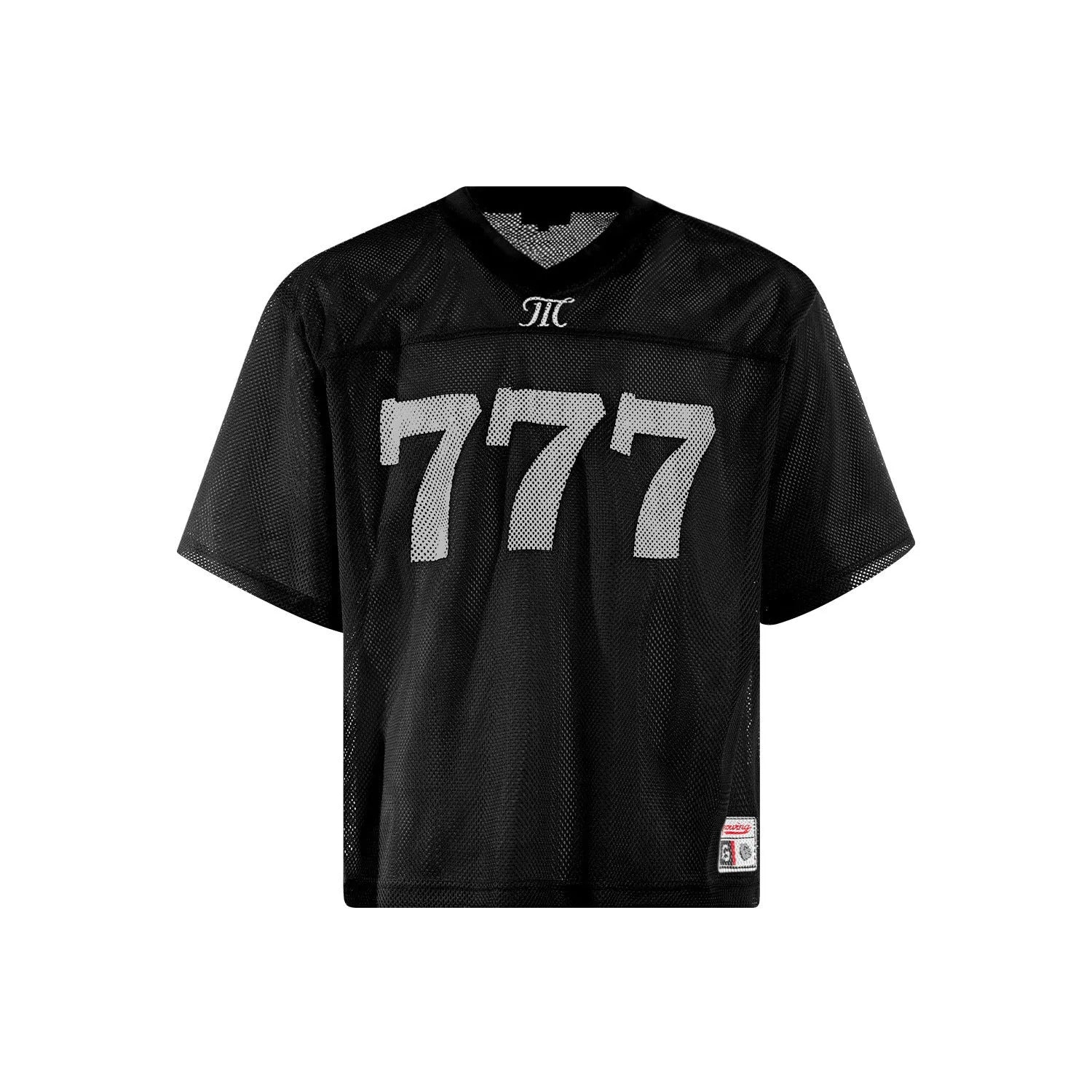 Men's loose retro-style short sleeve T-shirt in black, shown on a hanger.
