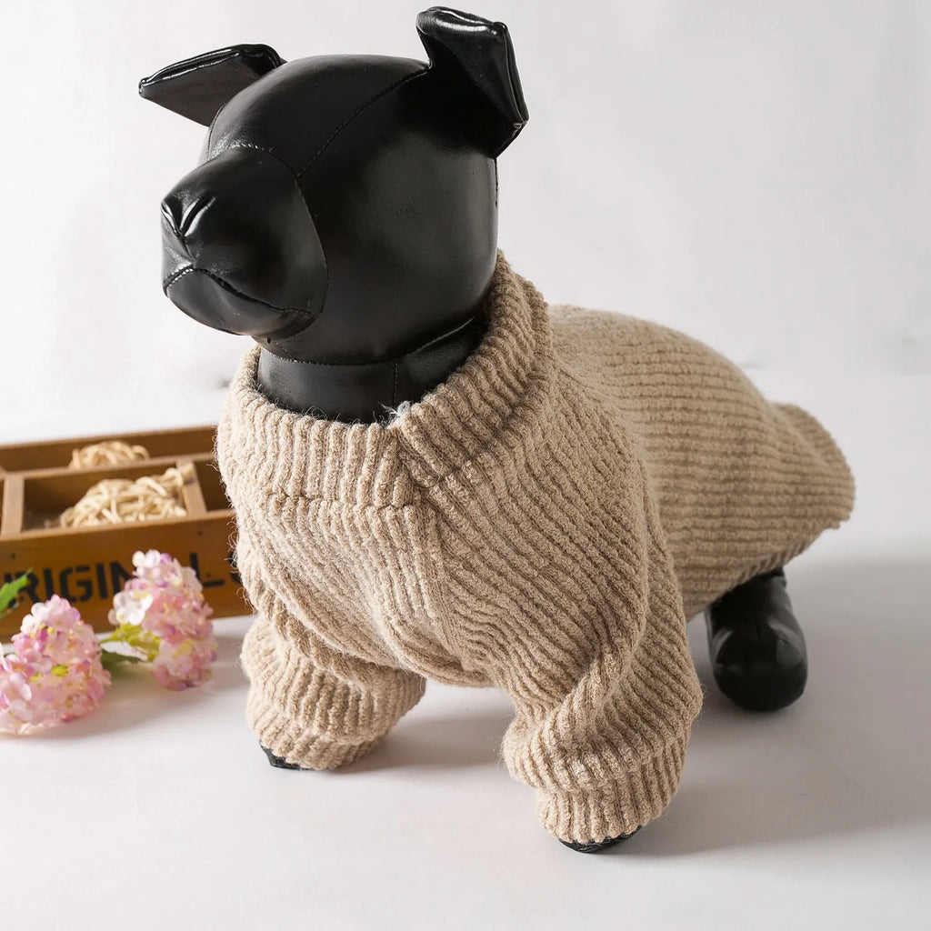 Brown cloth pullover sweater on a small dog, showing casual style and fit for breeds like Bichon or Pomeranian.