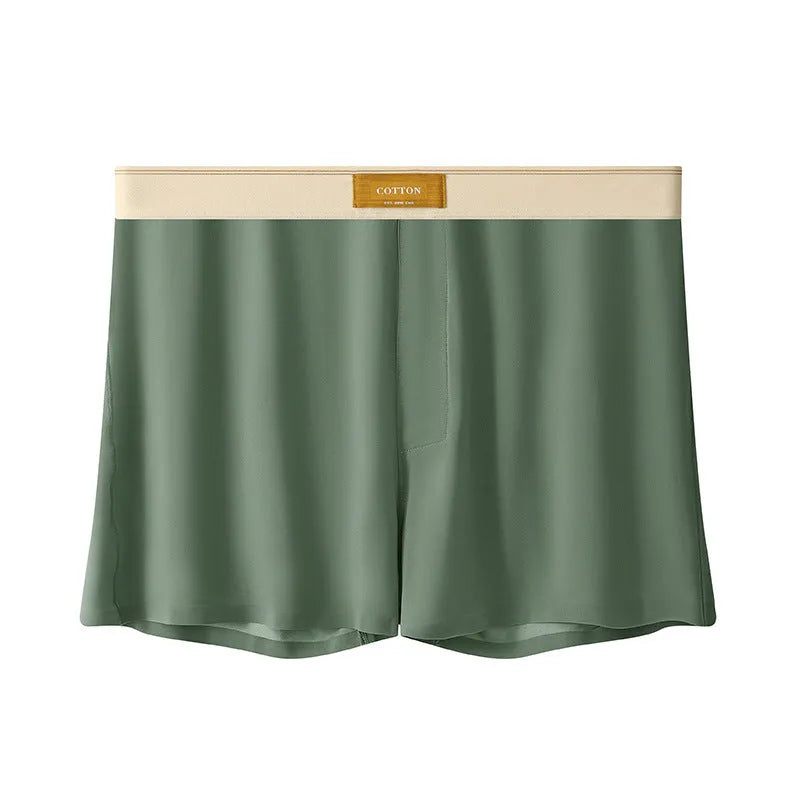 Men's solid colour loose ice silk underwear in a pack of three, shown in beige, black, and grey.