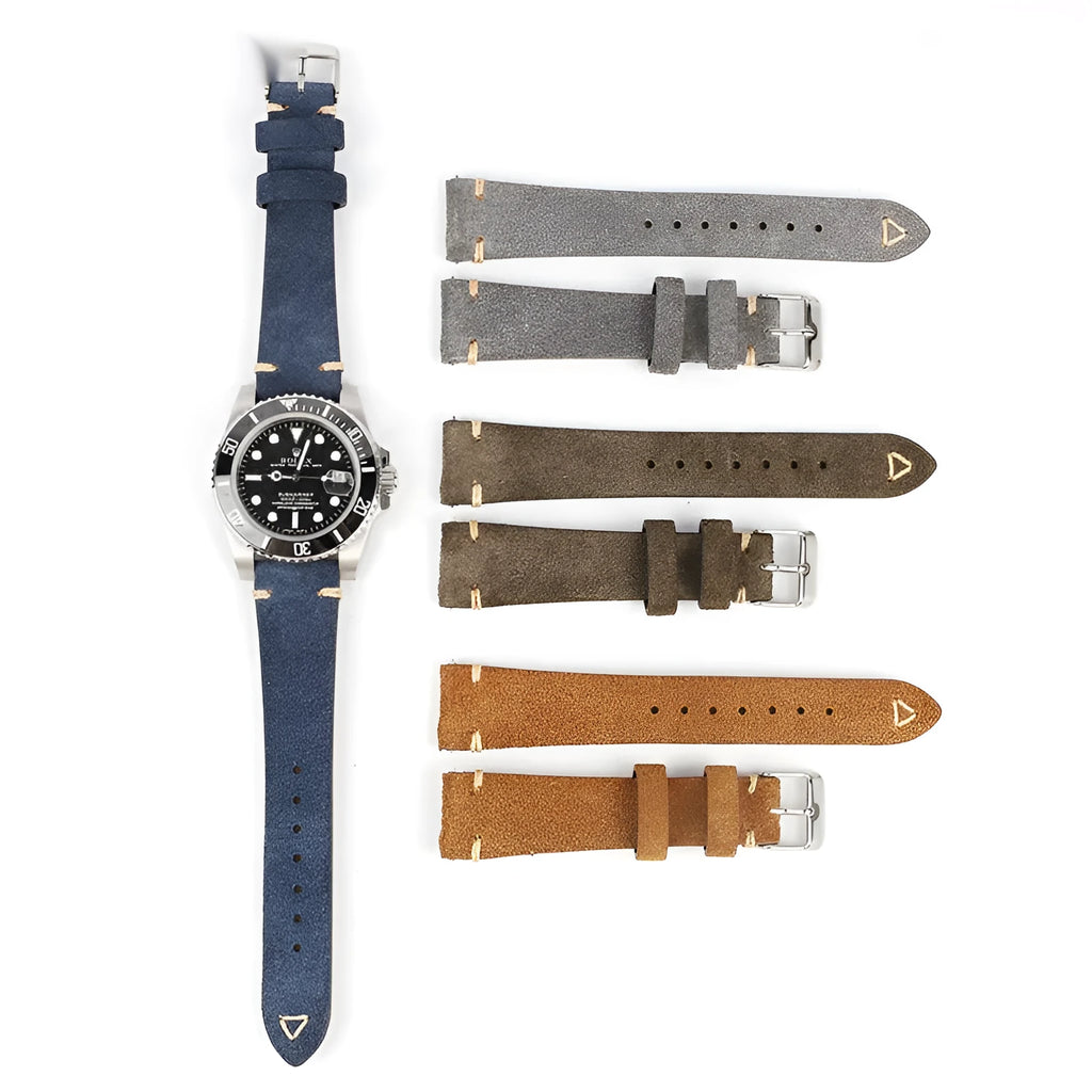 Genuine suede leather watch strap in brown blue gray army green colours small waist design