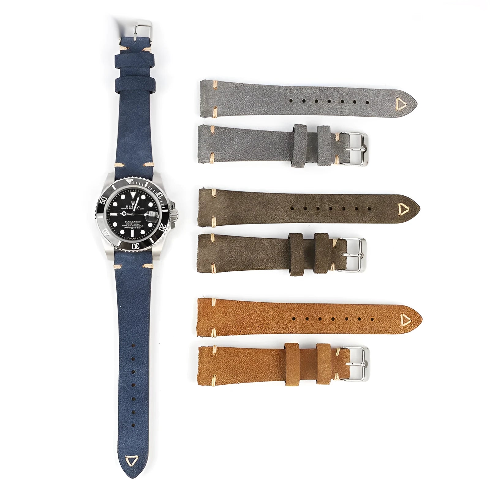 Genuine suede leather watch strap in brown blue gray army green colours small waist design