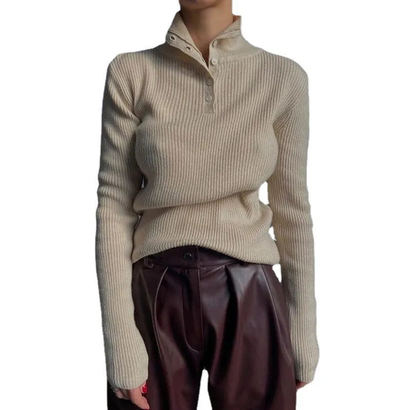 Women's retro half turtleneck pullover sweater with single-breasted placket in slim fit
