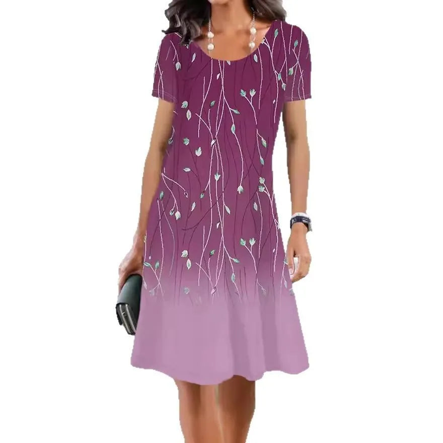 Women's floral print A-line summer dress in ice silk fabric with short sleeves and round neck.