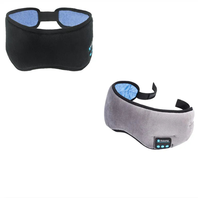Black Bluetooth sleep mask with integrated wireless headphones for music listening and blackout.