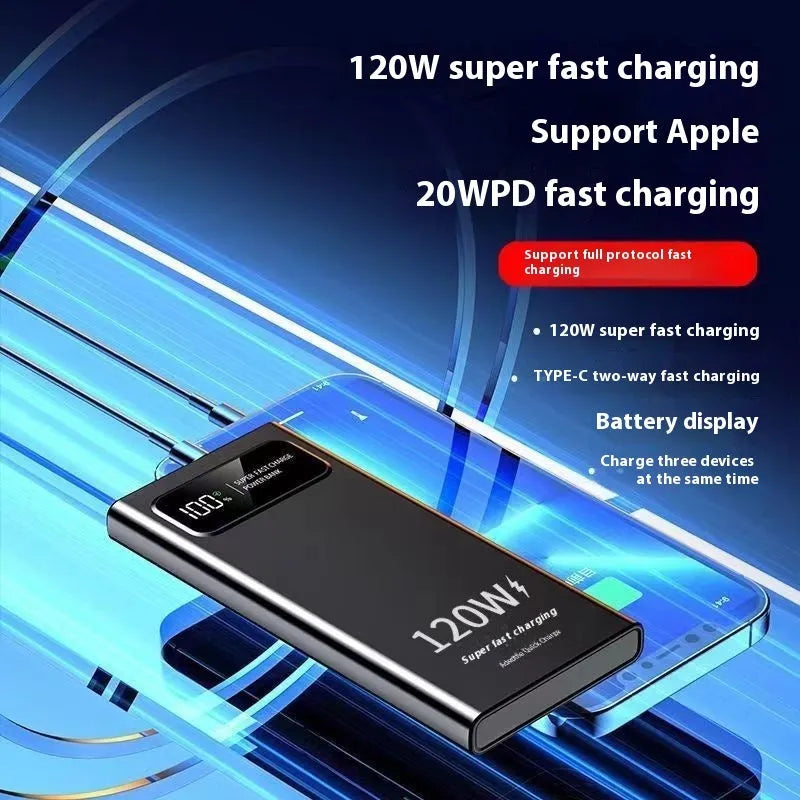 120W 20000 MA super fast charge power bank in cool black, slim plastic case with LED indicator