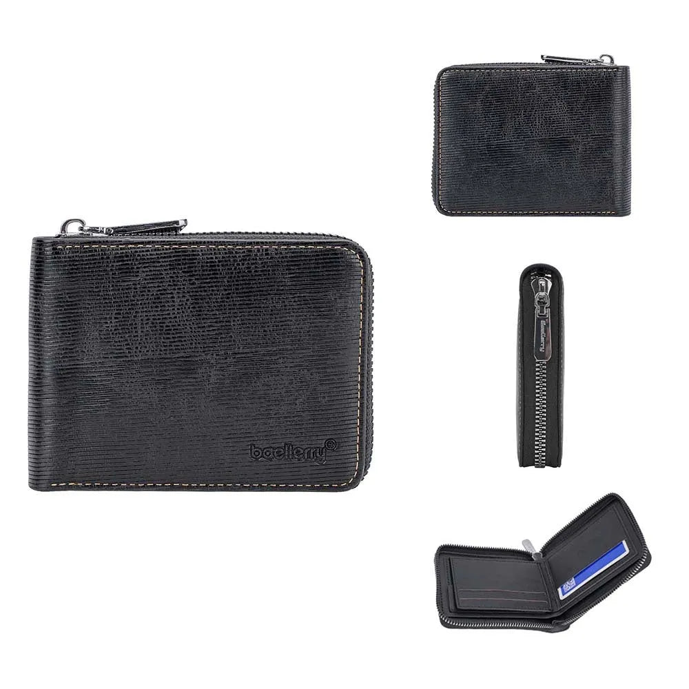 Black PU leather anti-theft zipper wallet with embossed design and closed zipper.