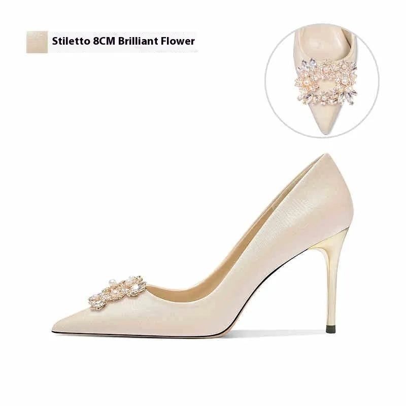 French-style crystal bridal high heels with rhinestones on a cloth upper, available in stiletto or cat heel.