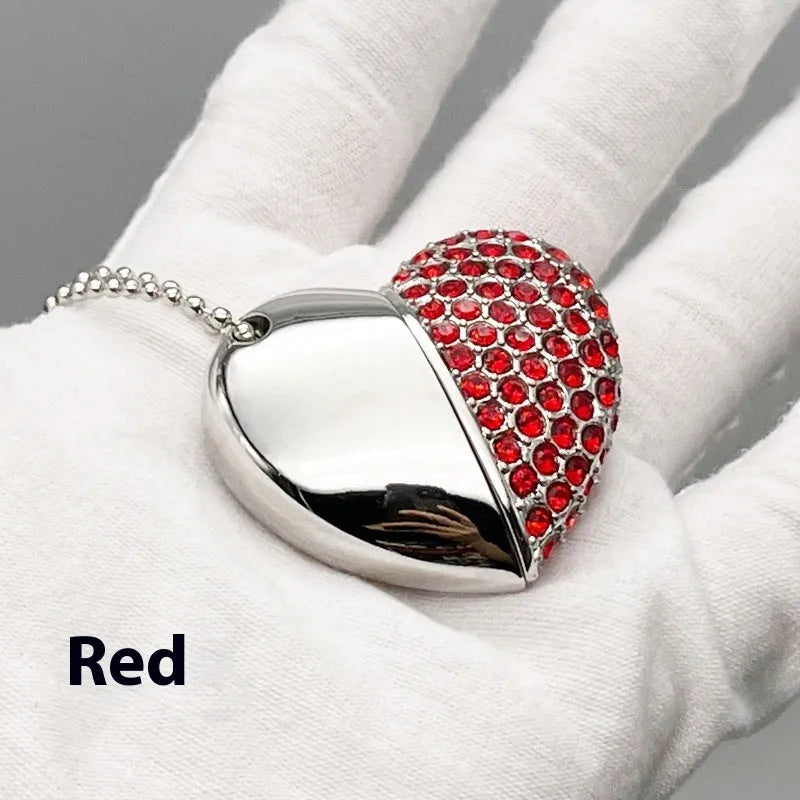 Brick-inlaid heart-shaped metal USB flash drive showing colour options and compact dimensions