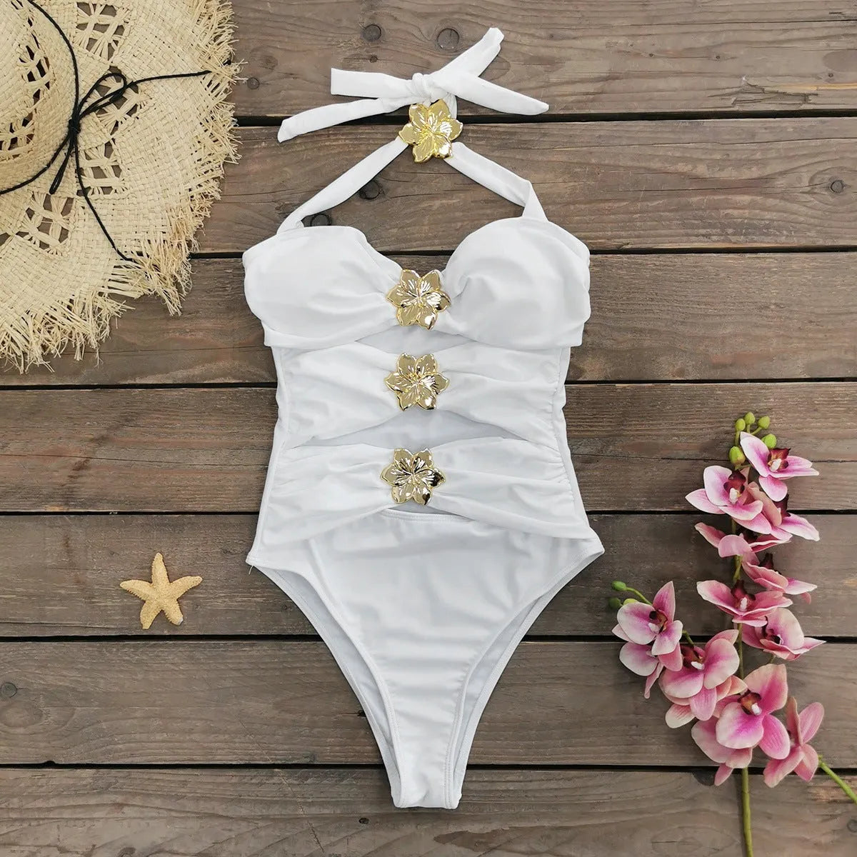 Women's solid colour one-piece swimsuit with hollow-out tube top and detachable matching skirt