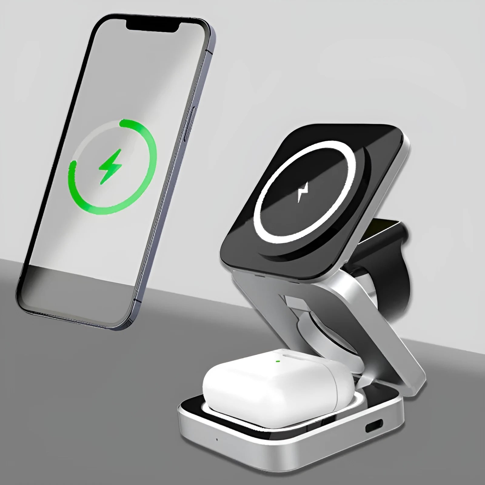 Folding desktop wireless charging bracket for Apple, Samsung and Google Pixel Watch devices
