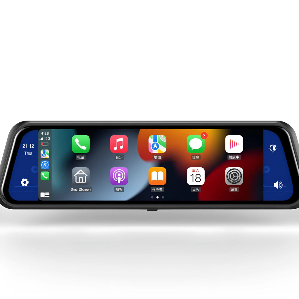 Dual-lens car dash cam with 9.66 inch touch screen mounted behind rearview mirror