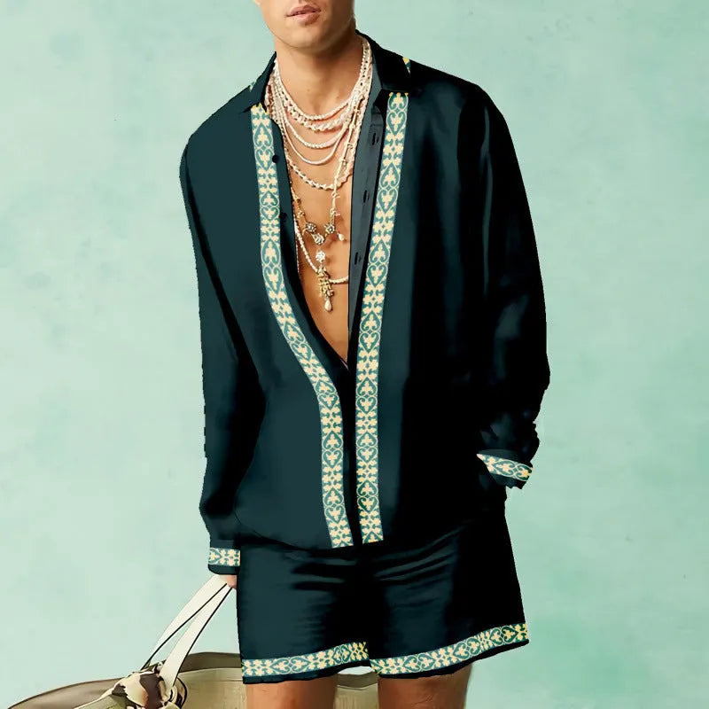 Men's slim fit polyester shirt and shorts set in colour matching pattern for summer casual wear