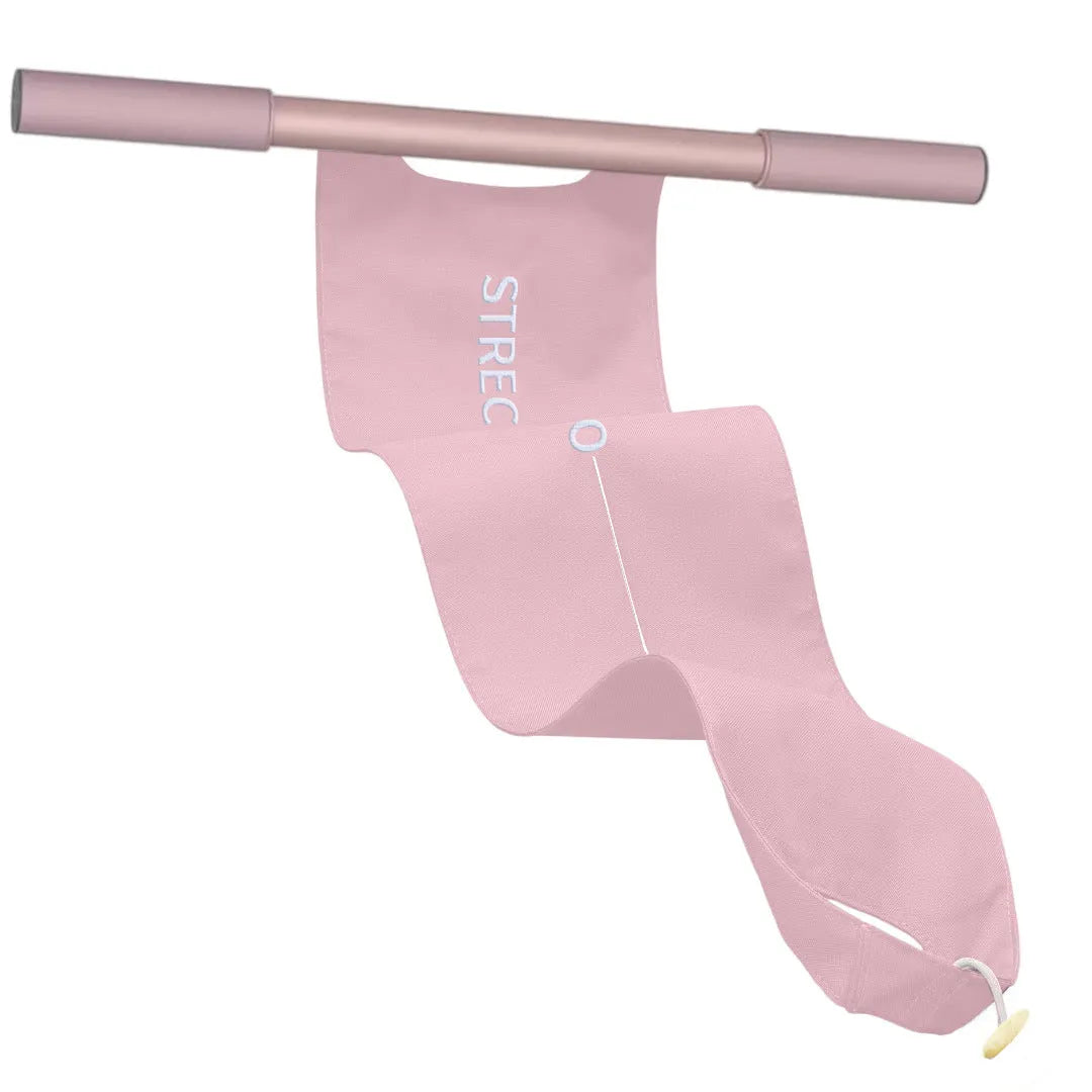 Grey and pink multi-function yoga stretching tool for shoulder, back, and hip flexibility exercises.