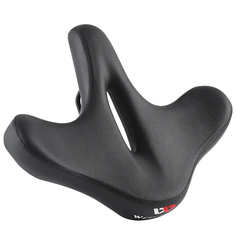 Black bicycle seat cushion with leather exterior and foam padding