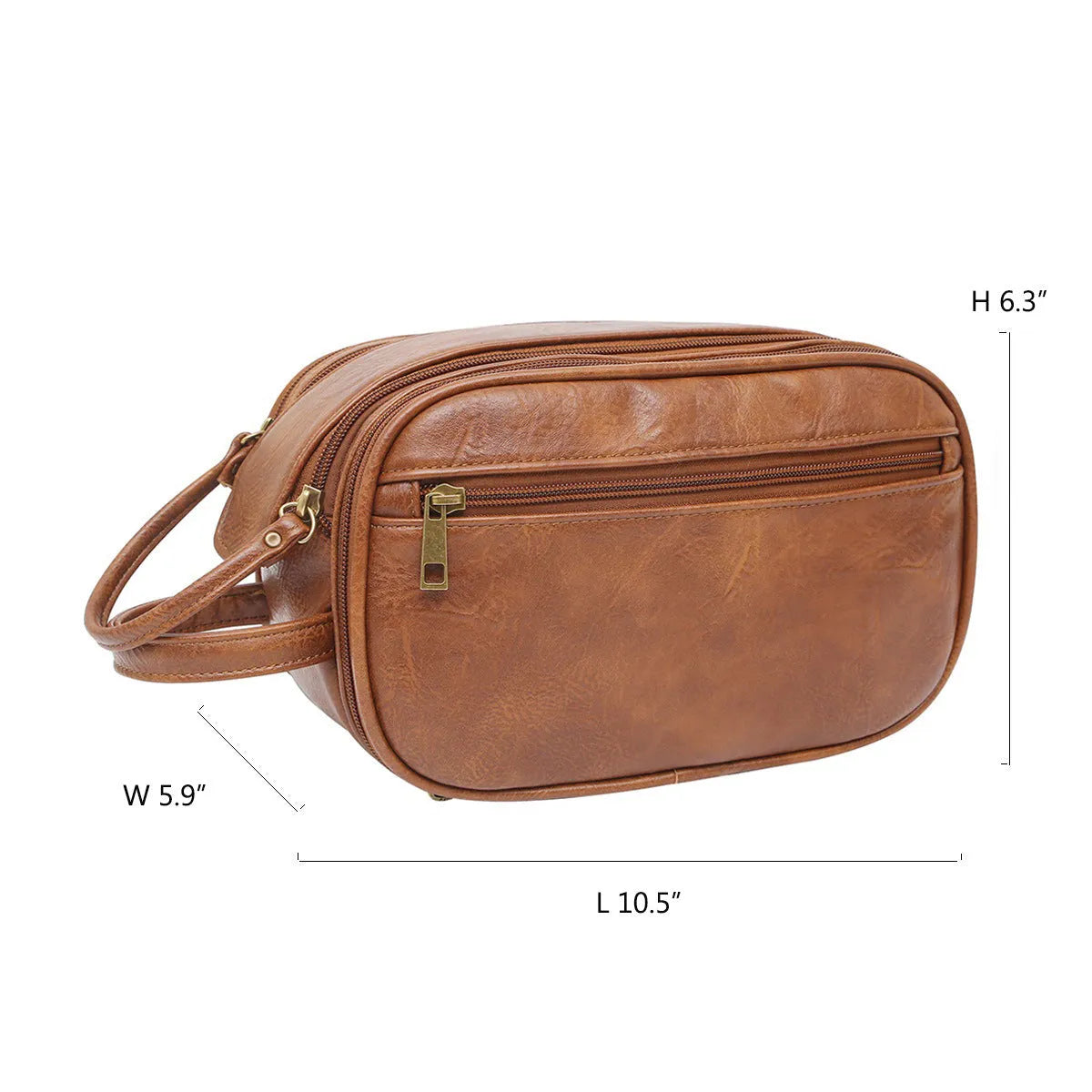 Men's black and brown water-resistant PU toiletry travel bag with zipper closure