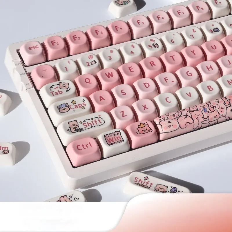 Pink sculpted fragrant pig PBT keycap with colourful five-sided sublimation design for mechanical keyboards.