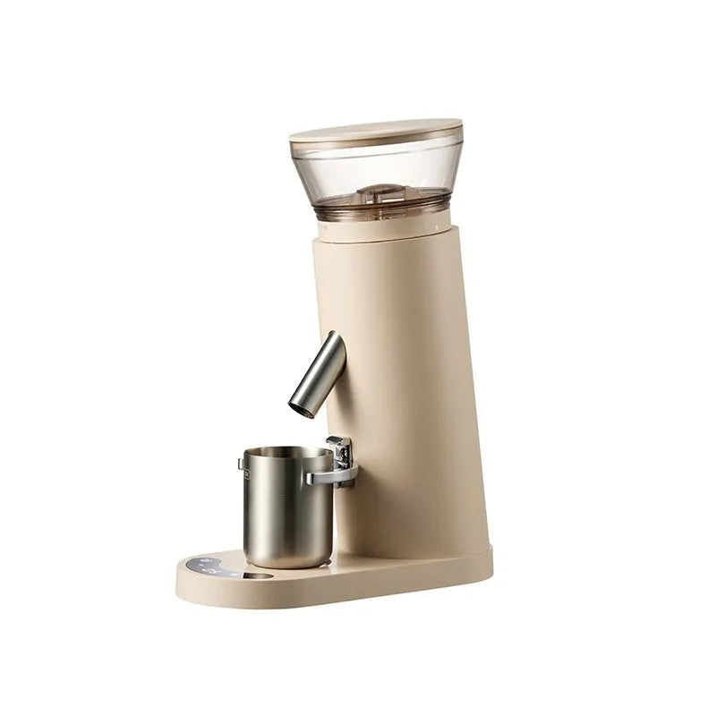 Portable electric coffee grinder with stainless steel body in beige or black colour options