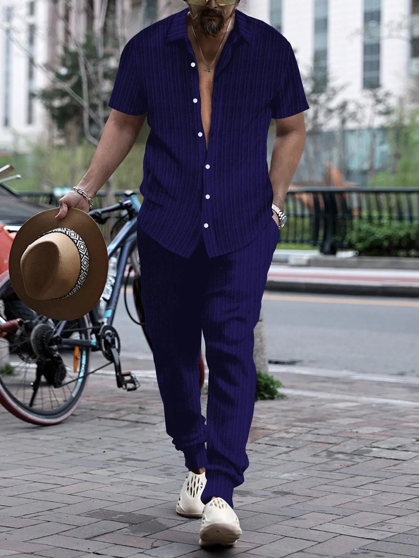 Men's casual loose short sleeve shirt and trousers beach suit set in white, cotton blend fabric