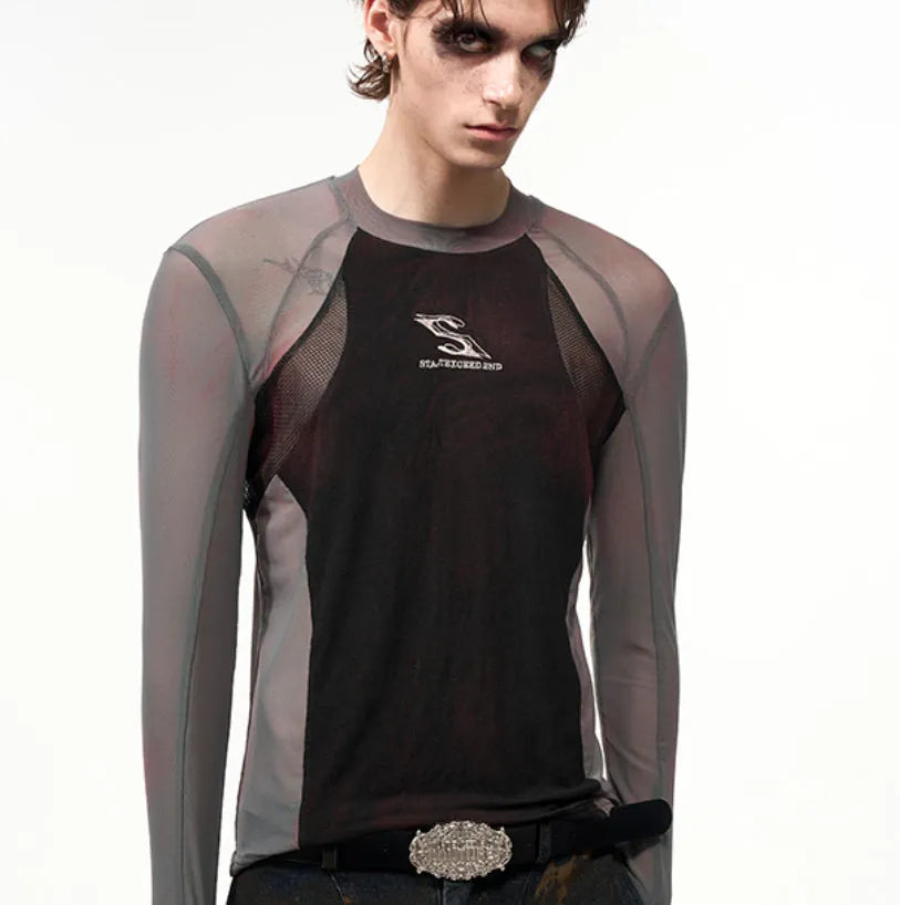 Women's tight mesh stitching long sleeve top in Korean style with round neck and regular length