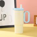 Large insulated plastic straw cup with a carry handle and lid, shown in assorted colours.