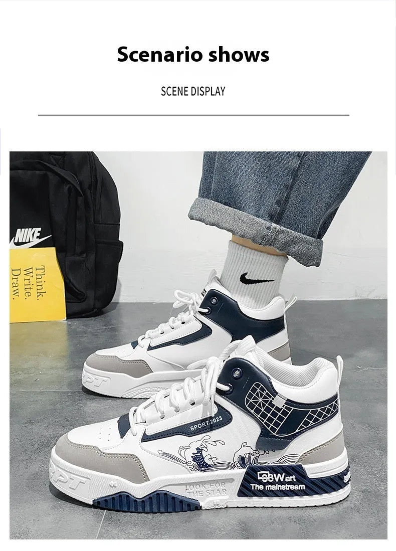 Men's beige, white and blue high-top lace-up board sneakers with a flat rubber sole.