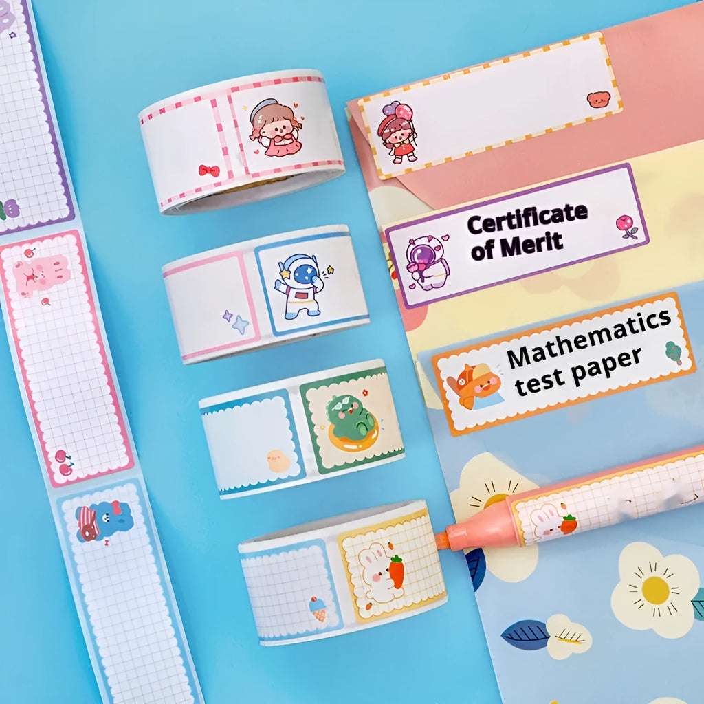 Roll of cartoon tape name stickers with dinosaur, astronaut, rabbit, or girl designs - 60 adhesive labels per roll
