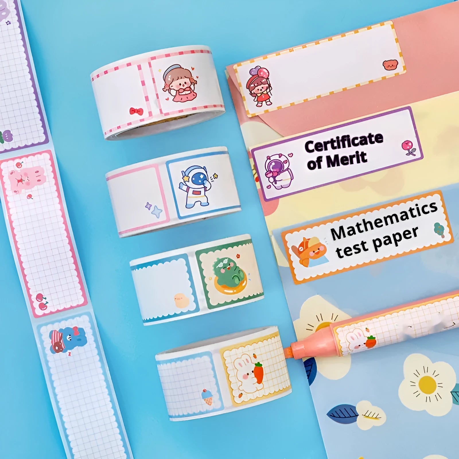 Roll of cartoon tape name stickers with dinosaur, astronaut, rabbit, or girl designs - 60 adhesive labels per roll