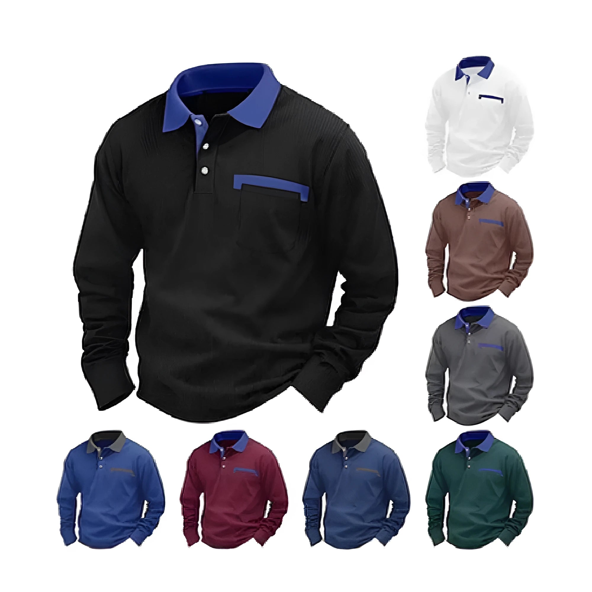 Man wearing a long-sleeved waffle-texture polo shirt in a solid colour with a loose, retro fit.
