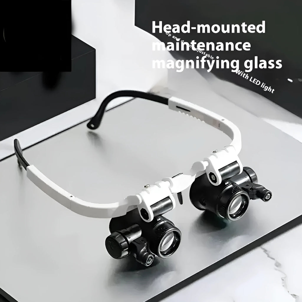 White foldable head-mounted magnifying glass with LED light for clock repair and precision inspection work
