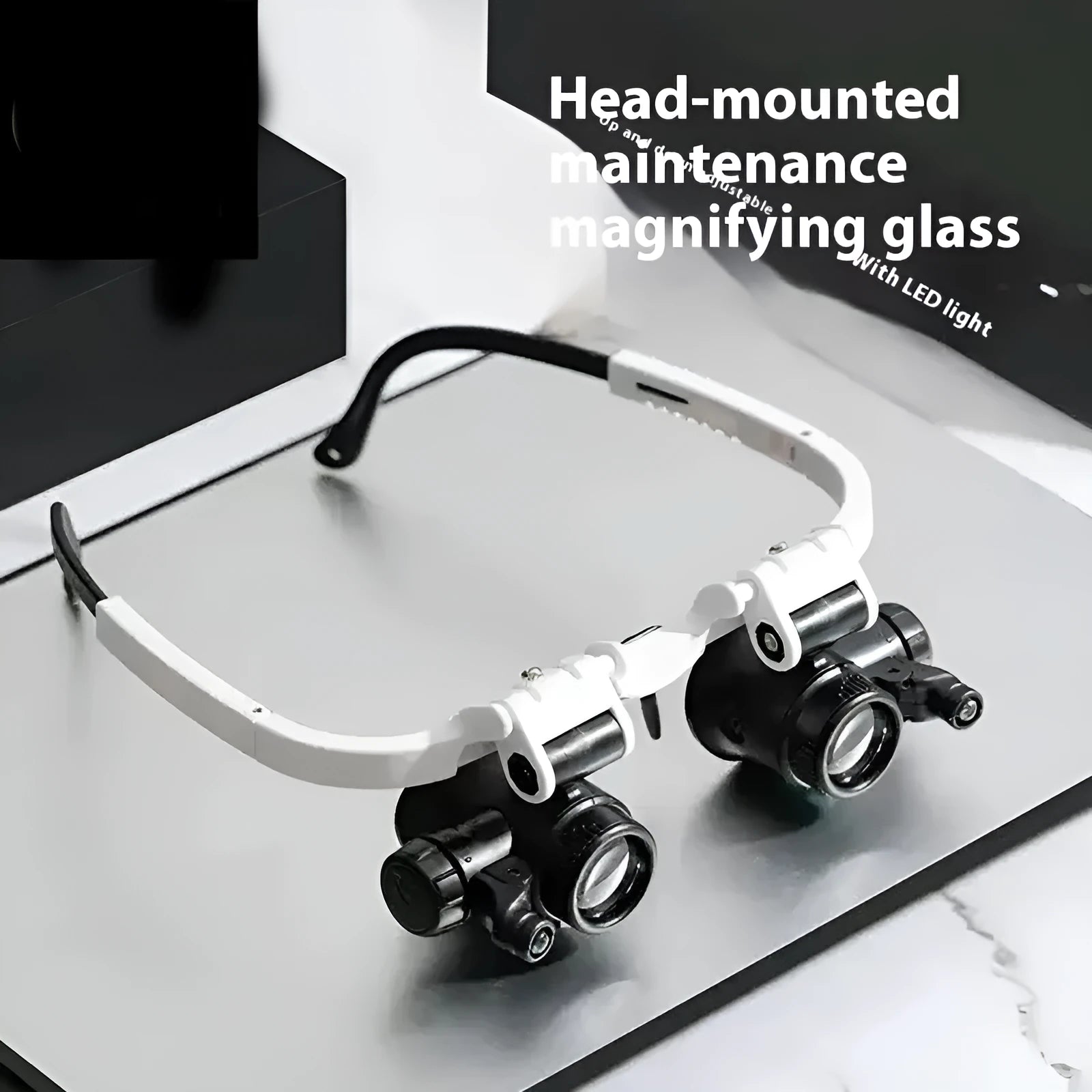 White foldable head-mounted magnifying glass with LED light for clock repair and precision inspection work