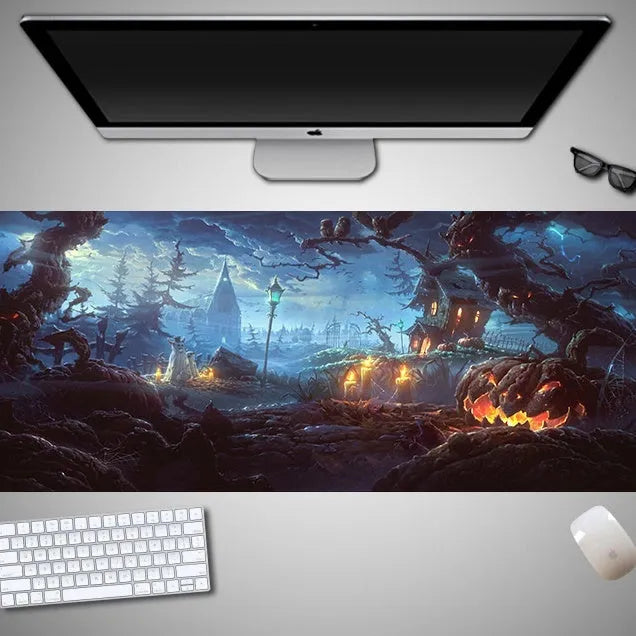 Oversized Halloween computer mouse pad with seasonal graphics and non-slip rubber base
