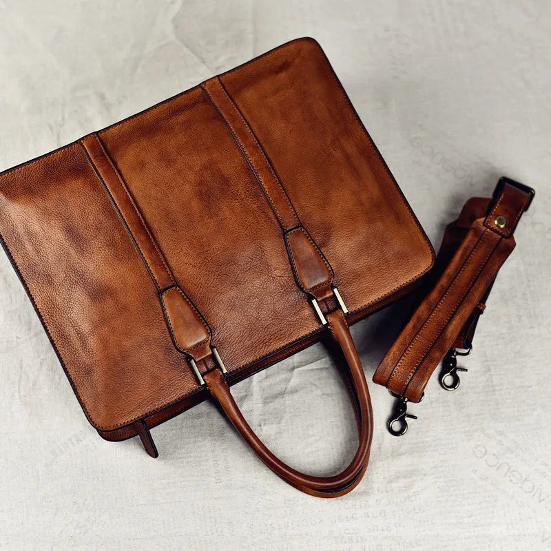 Men's 14-inch horizontal leather business handbag in khaki or black colour