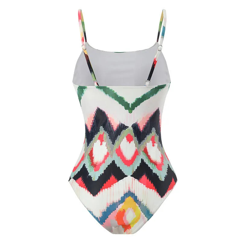 Women's two-piece polyester swimsuit with striped gradient print and matching hip skirt