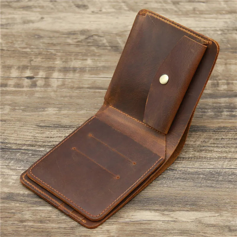 Men crazy horse leather money card wallet, retro red brown, 11.5cm long, horizontal design