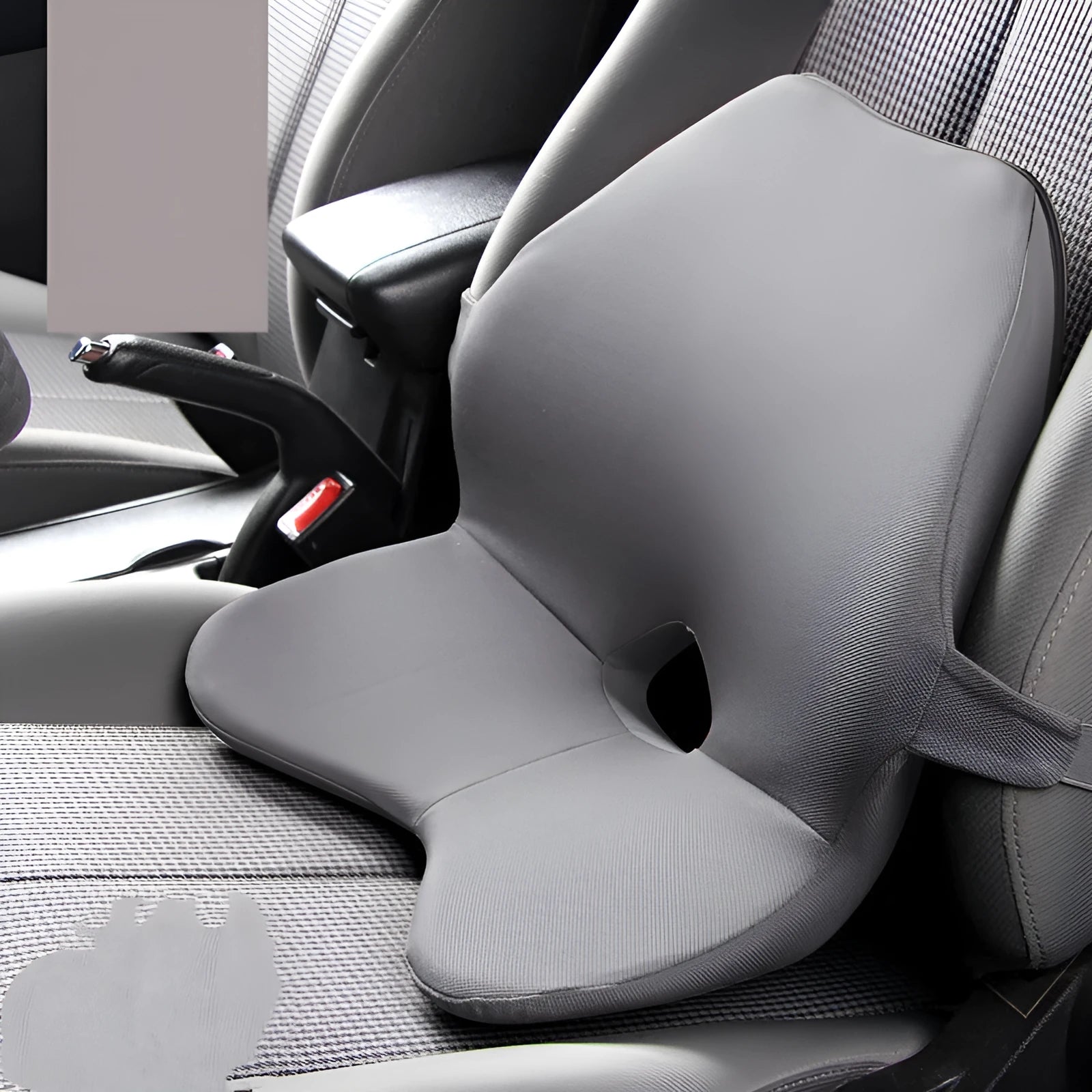 Car seat waist support cushion with memory foam, shown in beige, black, coffee, and grey colours.