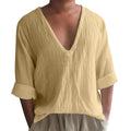 Men's long sleeve V-neck t-shirt in washed cotton, shown in a solid colour.