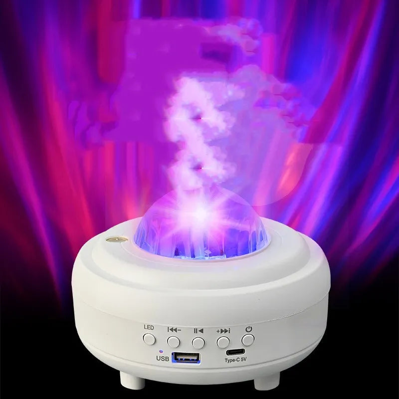 White Galaxy Star Projector Night Light showing star projection on wall next to a smartphone
